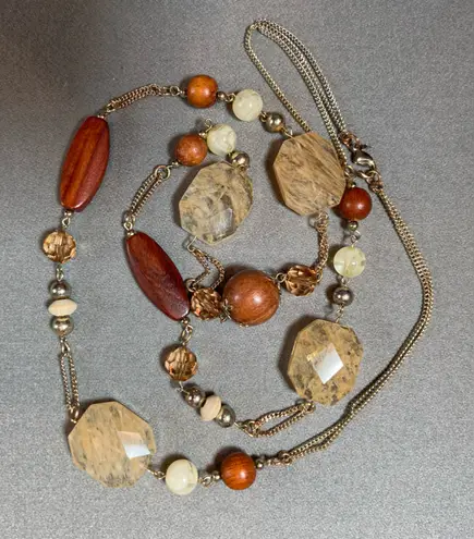 Mixed Media Necklace wood, stone, pearl 20” Long Brown