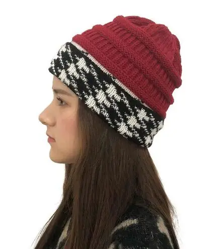 Houndstooth Crimson Red Black White Knit Cap Hat