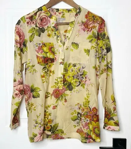J. JILL XS Petite Floral Silk Blend Popover Blouse Top Roll Tab Sleeve Green Size undefined