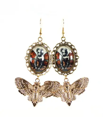 Handmade Gothic "Sunset Ember" Gothic Butterfly Fairy Earrings with Gold Moth Charms