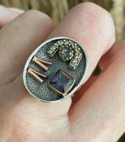 Two Tone Art Deco Rainbow Topaz & CZ Ring Size 8