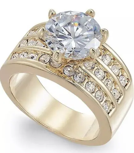 Charter Club NEW SOLITAIRE RING SZ 7 Crystal 3-Row Fine Gold Plate Macys Boxed