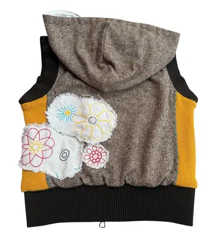 Vintage Y2K Scrapbook Originals Hooded Vest Brown Gold Patchwork Art To Wear Size M