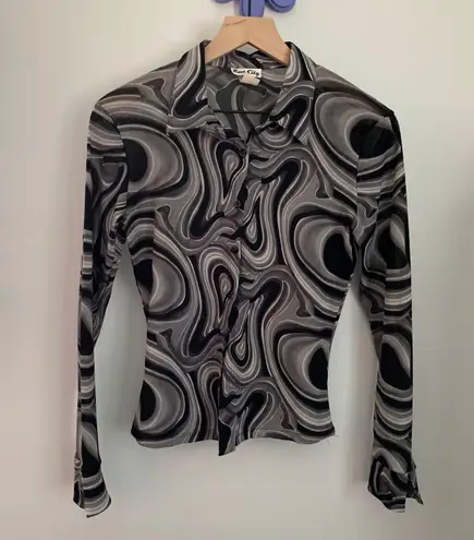 90s Y2K Swirl Marble Button Up Sleeve Shirt Grey Black Groovy 70s Small/Medium