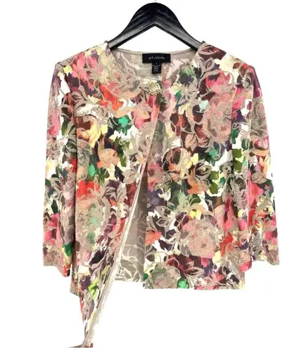 St. John Embellished Metallic Floral Jacquard Knit Cardigan 8 Evening Dressy