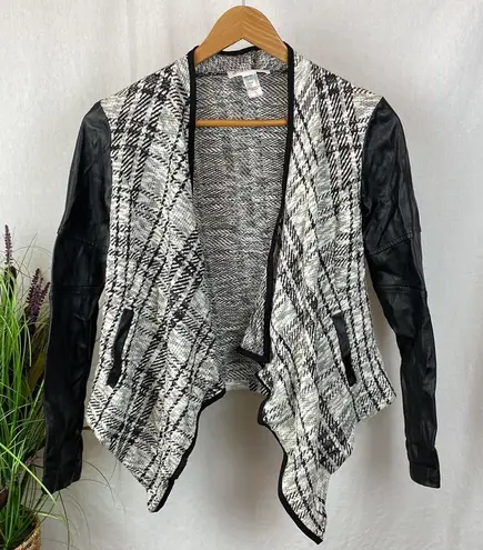 Joseph Ribkoff  Black & White Plaid Open Front Faux Leather Sleeve Sweater 2 - Image 1