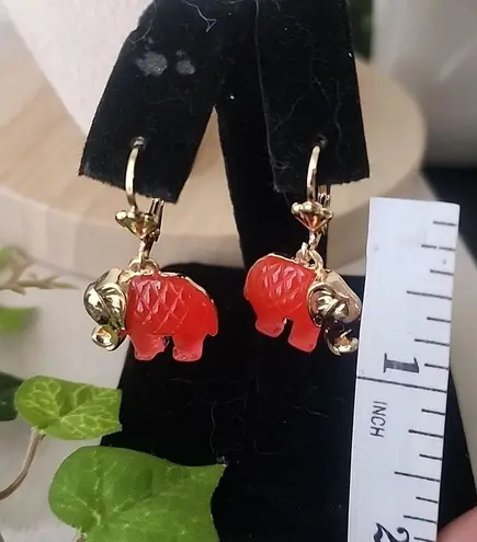 Gold Filled Necklace and Earrings Set Faux Red Jade Elephant