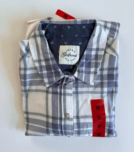 Jachs Girlfriend Women Plaid Button-Up Shirt Blue/White Long Sleeve Soft Flannel