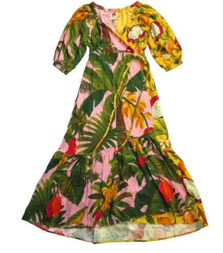 Farm Rio NWT Mixed Print Wrap Midi in Light Pink Fruit Linen Blend Dress XS