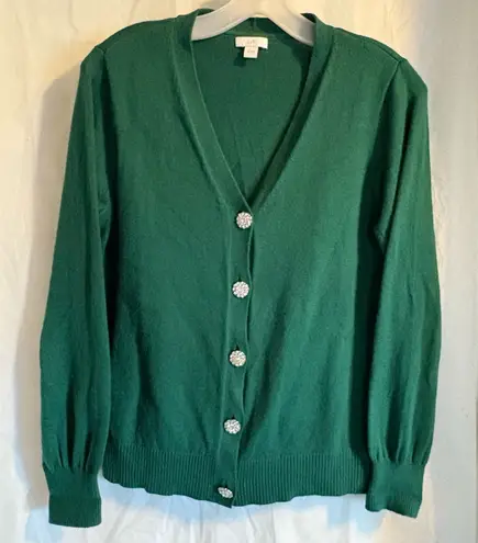 J Jill Green Cardigan Women’s Sz Small Bling Jeweled Buttons Ribbed Office