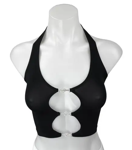 Anwnd Black Halter Sleeveless Cutout Keyhole Chain Open Back Crop Top Size S/M