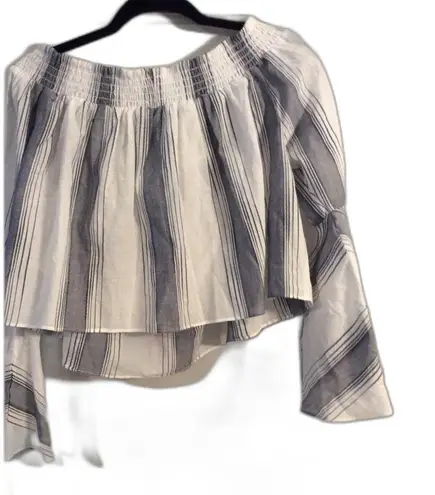 New NWT ANTHROPOLOGIE LILKA TOP PLAYA POM POM OFF SHOULDER BELL STRIPE L Large Blue