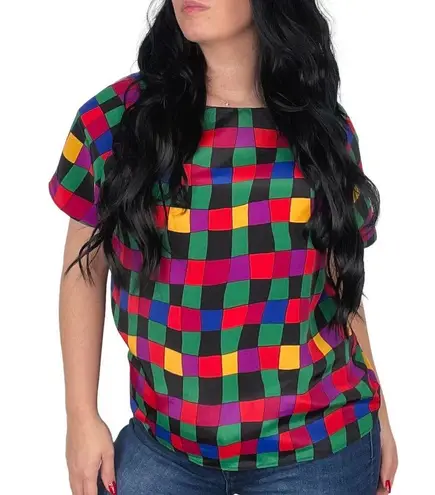 Impressions 1980s Vintage Rainbow Checkered Short Sleeve Blouse Retro Medium Pink
