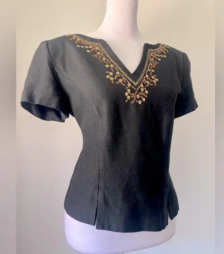 Jessica Howard Vintage ‘90s Black Floral Embroidered Blouse w/ Shoulder Pads