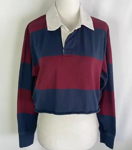 American Eagle New  Throwback Rugby Stripe Cropped Polo Shirt Maroon Navy Size XS