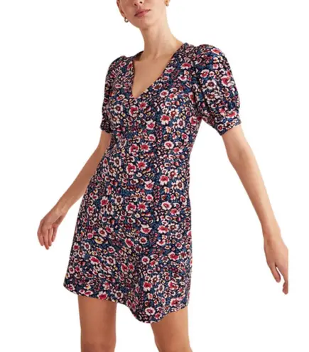 Boden USA Boden V-Neck Jersey Puff Sleeve Mini Dress French Navy Eden Bloom Floral US 12