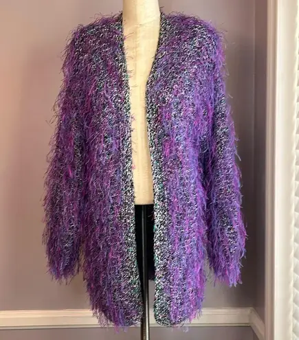 VTG handmade crochet cardigan Italian purple eyelash and metallic yarn size M Size M