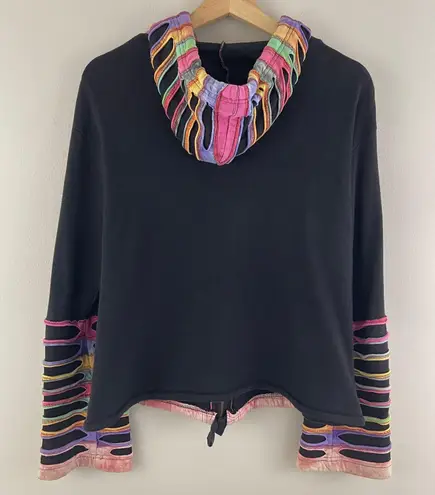 Y2K 90’s Black Rainbow Psychedelic Rip N Tear Wide Bell Sleeve Full Zip Hoodie Size L