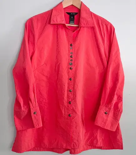 Ali Miles Crinkled Button Front Blouse Bright Coral Pink Collared Women’s Small