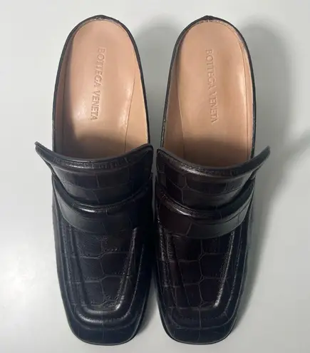 Bottega Veneta Croc Embossed Square Toe Slip On Loafer Mules Heels