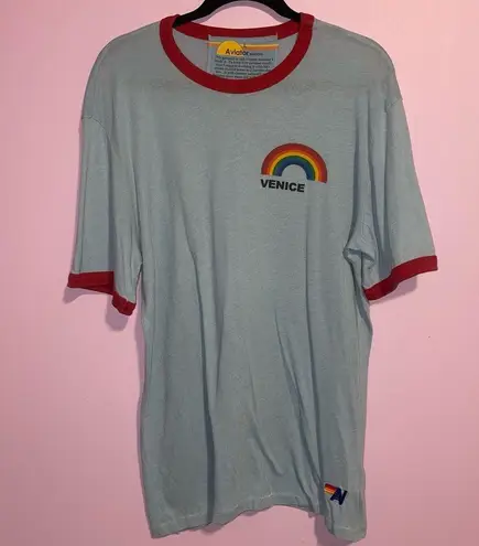 Aviator Nation Venice Rainbow Ringer Tee Men Size L Casual Retro Collegiate