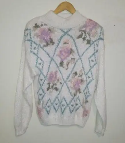 Vintage JJ Fargo Hand Knitted Floral Sweater-Large-1980s-Grannycore-Cottagecore