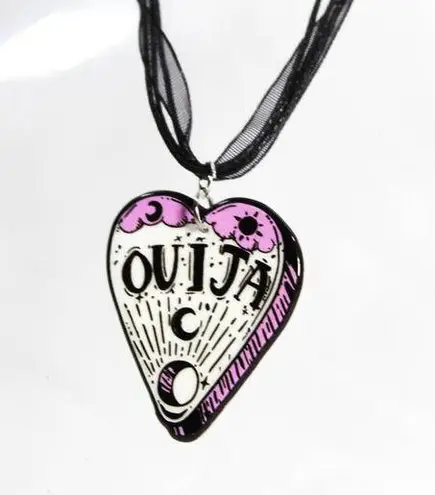 Pastel Goth Planchette Witchy Celestial Charm on Black Ribbon Necklace