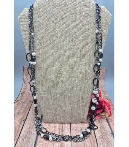 Premier Design Gun Metal Chain Necklace Faux Pearls Hammered Links Multi Strand Black