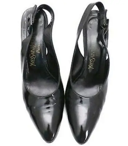 Authentic YSL Slingback Black Patent Leather High Heels Shoes 9.5 N Original Box