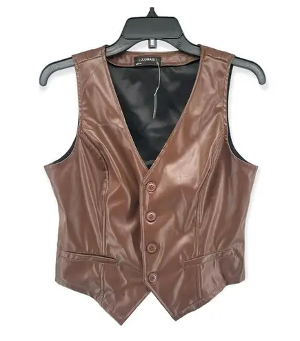 Lulumari  Women’s Brown Button Front Sleeveless Faux Leather Vest Large