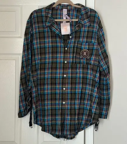 Brand New Savage X Fenty Tied Up Tartan Raw Hem Sleep Shirt Plaid Blue Size XL