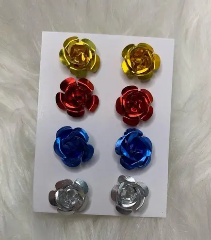 4 Large Metallic Rose Metal Stud Earrings Flawed Gold