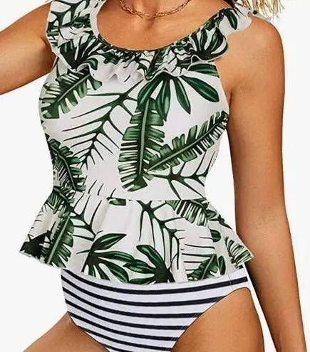 None Palm Leaf Ruffled Peplum Tankini Swimsuit with High Waisted Striped Bottoms