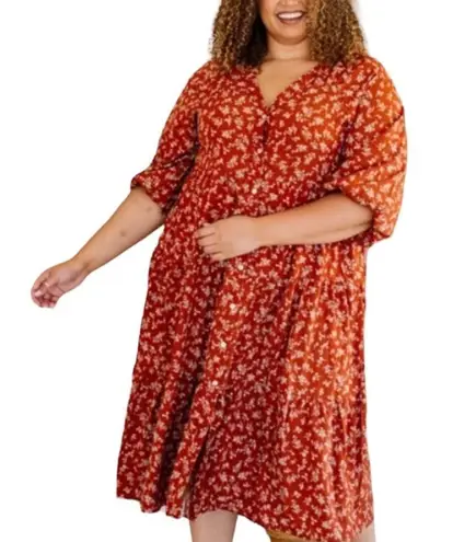 Kervology Plus Size Dipsy Floral Rust and cream Prairie Boho Midi Dress Nwot