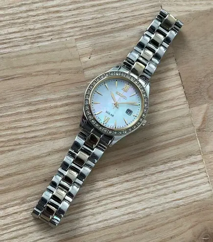 Seiko Solar Ladies Watch Swarovski Crystals Two-Tone Bracelet Pearl Dial Date