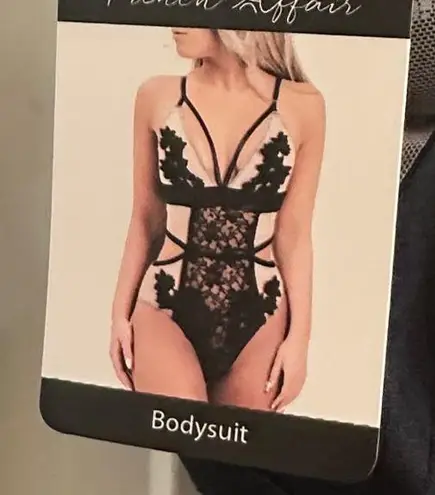 French affair Lace & Mesh Caged Body Suit NEW Black Tan Large