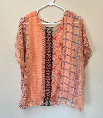 Dana Buchman 2/$12  Women’s Orange Peach Geometric Fall Boho Layered Sheer Top  L