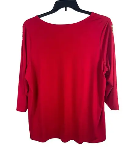 Susan Graver Red Liquid Knit Gold Arm Zipper 3/4 Sleeve Pullover V-neck 1x Top