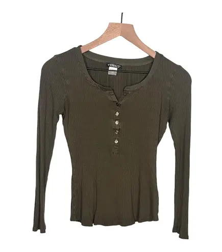 Venus  Ribbed Long Sleeve Top Scoop Neck Buttons Henley T-Shirt Olive Size XS