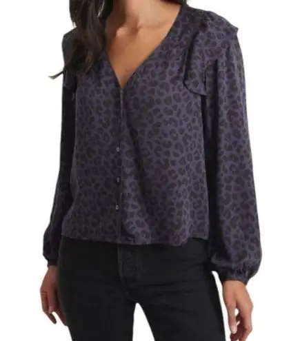 Marine layer NWT Rory Blue Cheetah Print Ruffle Long Sleeve Blouse Size XS