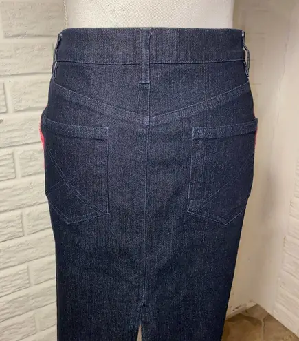 See By Chloe Dark Wash Denim Knee-Length Pencil Skirt with Hot Pink Piping, 8