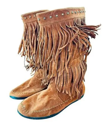 Rampage Funky Fringe Moccasin Boots Womens 11 Faux Suede Cognac Brown Halloween Footwear