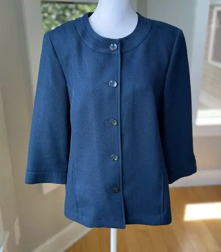 Vintage Alfred Dunner Minimalist Navy Blue Woven Swing Jacket Contrast Stitch Size 10