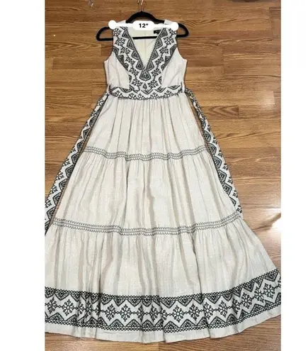 PatBO Sleeveless Linen Tan and Black Embroidery Maxi Sun Dress sz 6