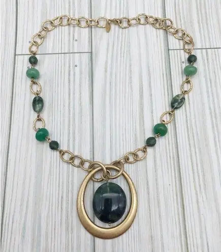 Lia Sophia Gold Tone & Green Chunky Chain Pendant Necklace Statement Boho 18"
