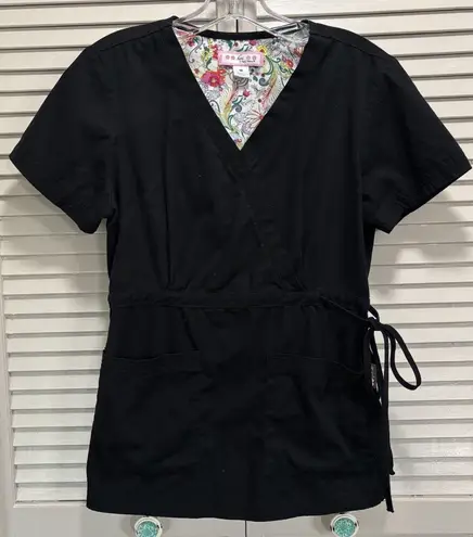 Koi Black Scrub Top Short Sleeve V Neck Pockets Size M Tie Side Medical Size M