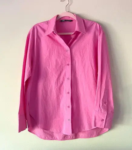 ZARA Poplin Barbie Pink Button Up Collared Long Sleeve Shirt