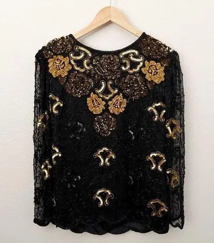 SWEE LO | Vintage Silk Black Beaded Gold Sequin Blouse Formal Keyhole | Medium