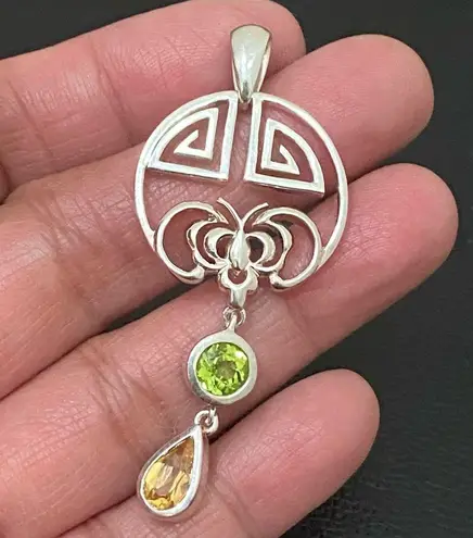 Sterling Silver Vintage 925 Peridot Citrine Geometric Celtic Dangle Pendant 7.9g
