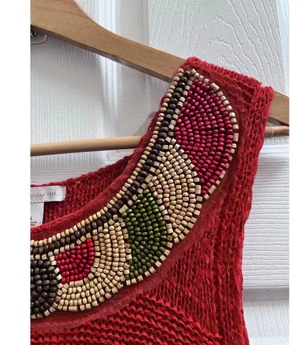 Crochet Open Knit Beaded Embellished Fringe Trim Tunic Micro Mini Dress Large